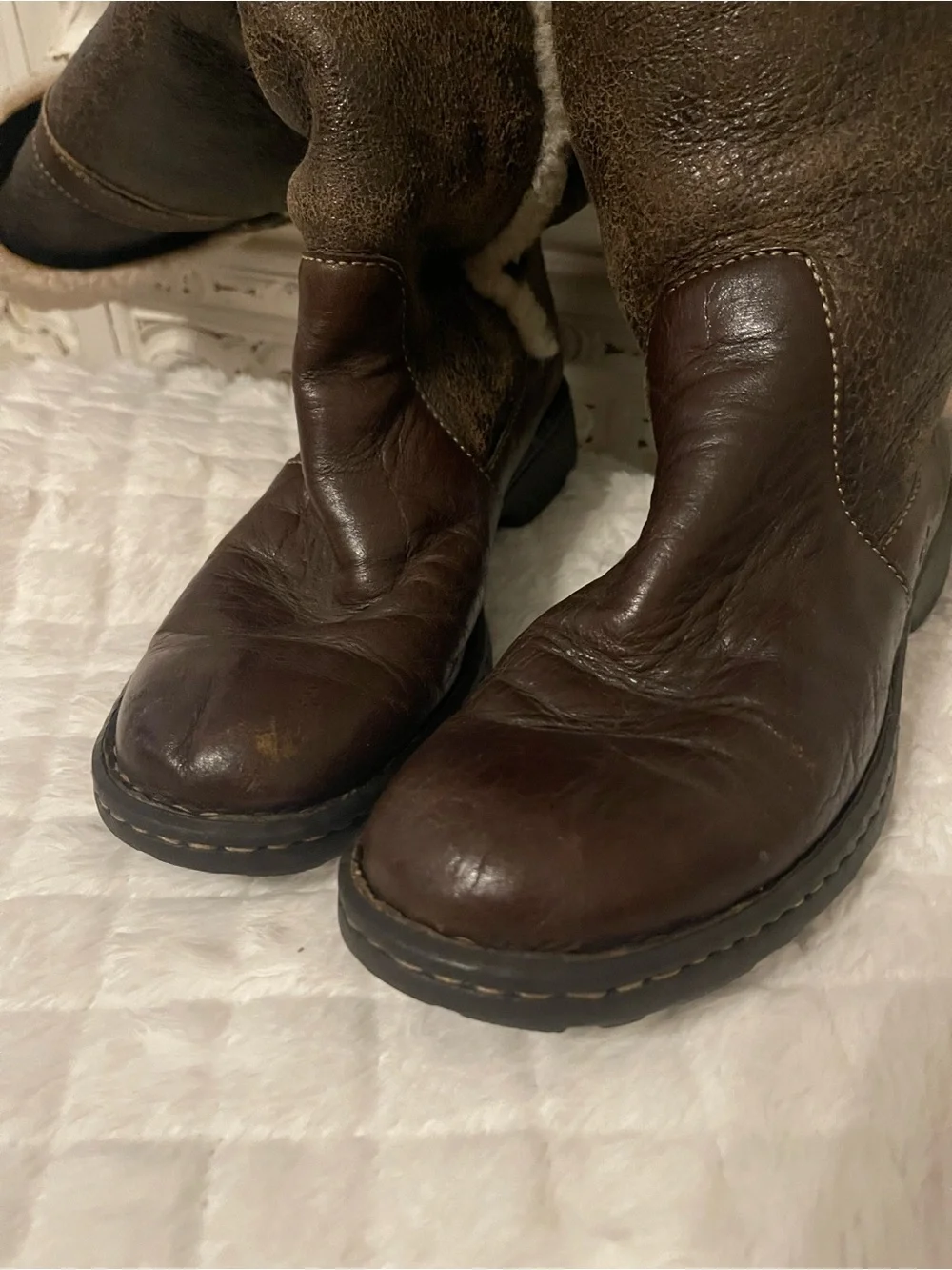 Born Brown Leather Knee High Shearling Boots